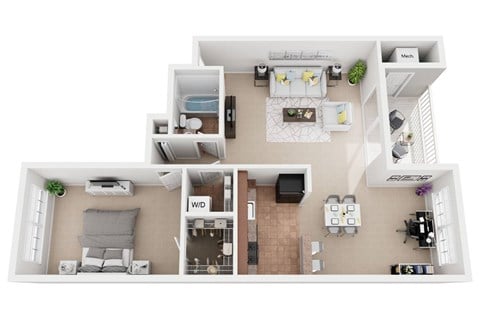 Floor plan for 1 bed, 1 bath, 859 sqft
